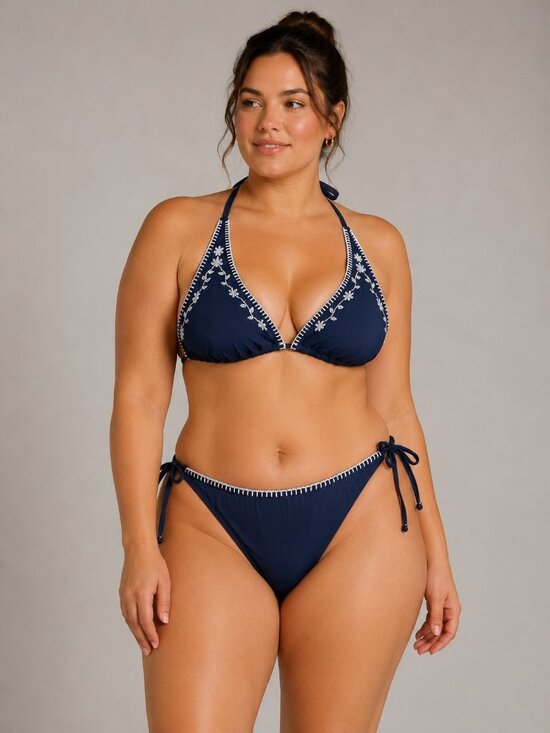 wild fable Other - Wild Fable L (12-14) Navy Blue Bikini Set With Embroidered Floral Design Halter